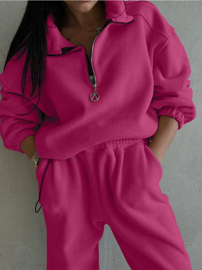 Damen Fleece-Loungewear-Set Elastisch Halbzippverschluss Grau
