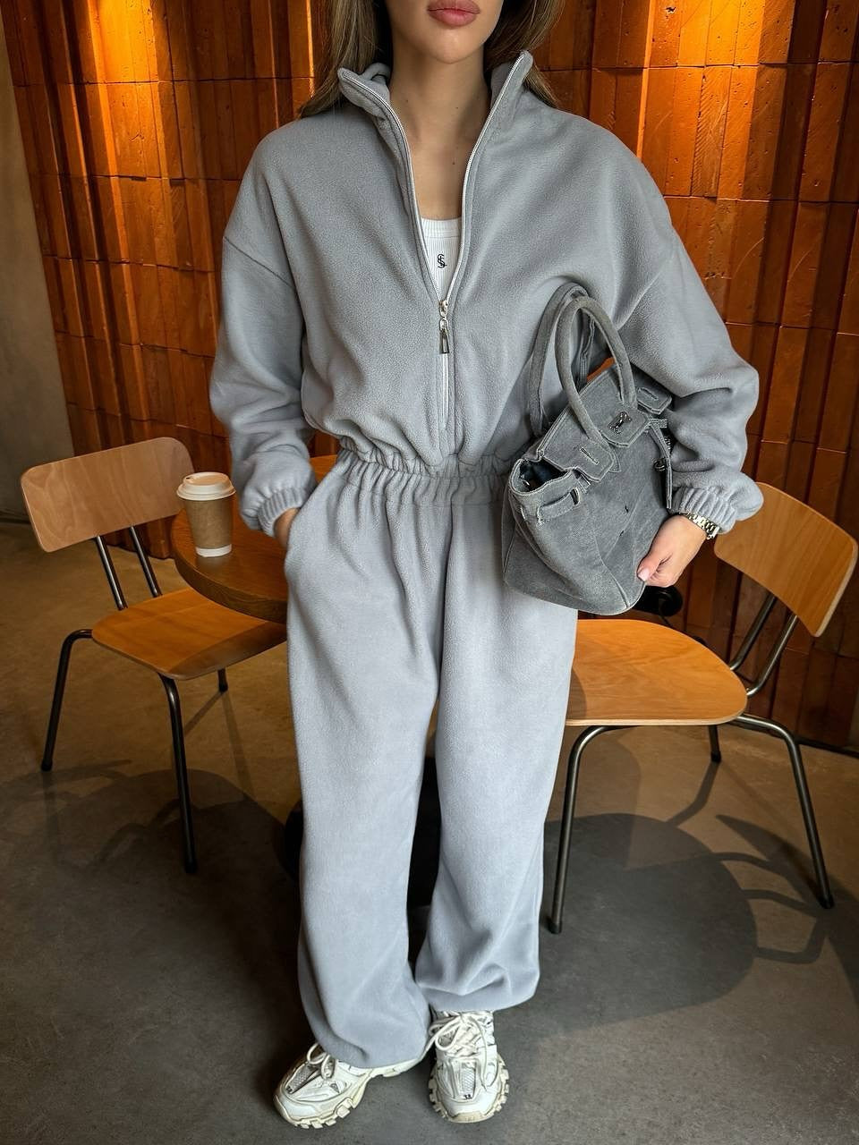 Damen Fleece-Loungewear-Set Hochkragen Taschen Eveloria