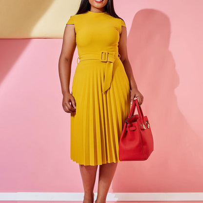 Damen Plissee Kleid mit Stehkragen und Taillengürtel Eveloria