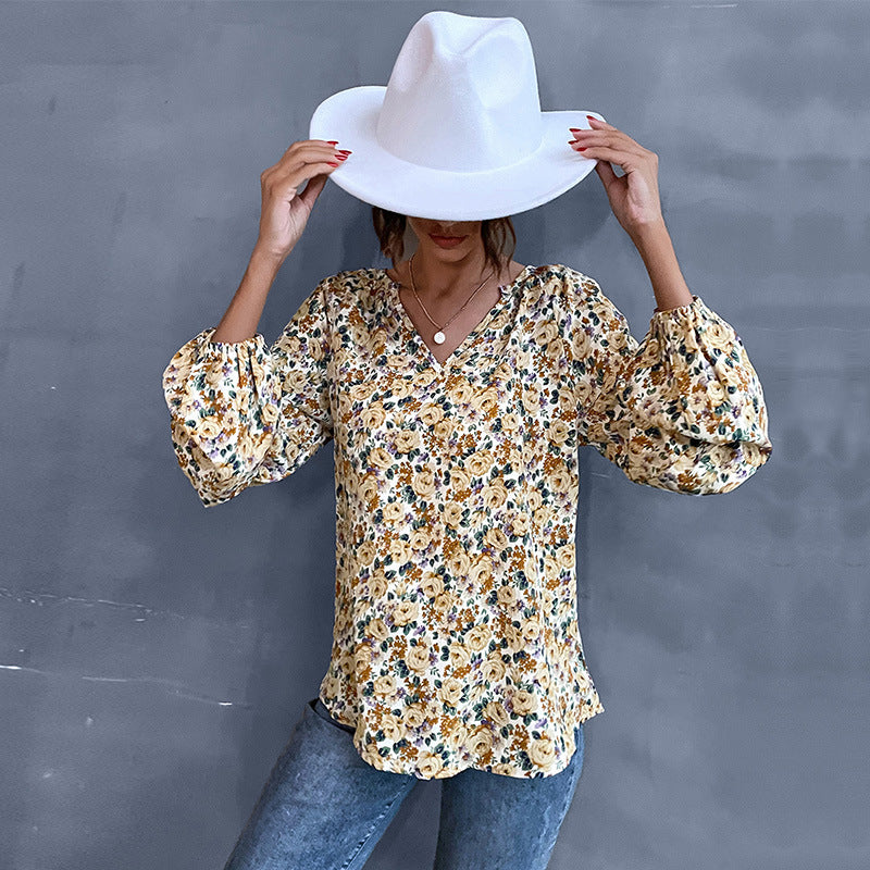 Damen Bluse Floralmuster Geraffte Ärmel