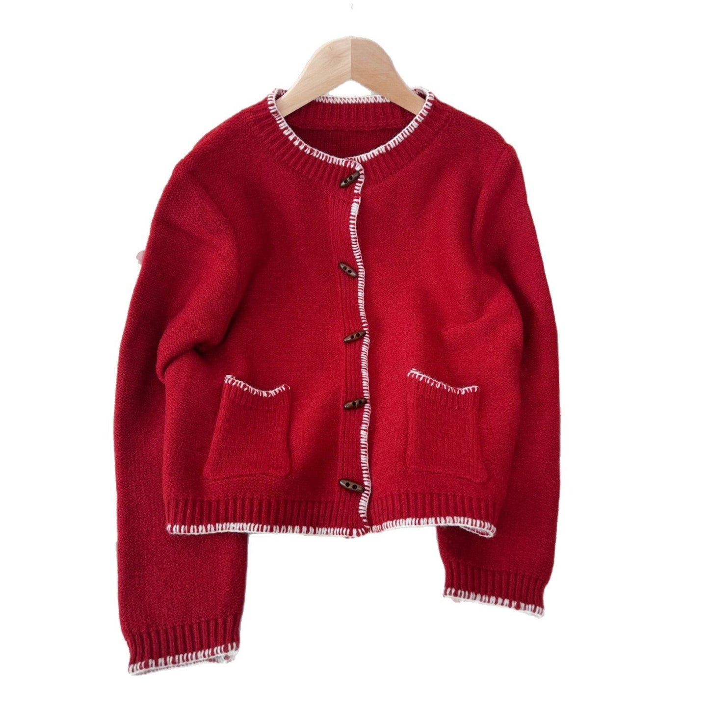 Damen Strickjacke Klassisch mit Kontrastnähten und Taschen