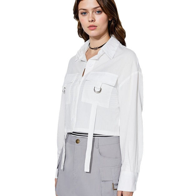 Damen Cropped Bluse mit Taschen und Modernen Details