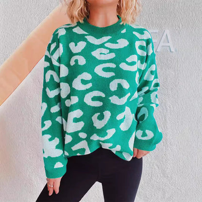 Damen Oversized Pullover Leopardenmuster Rundhalsausschnitt