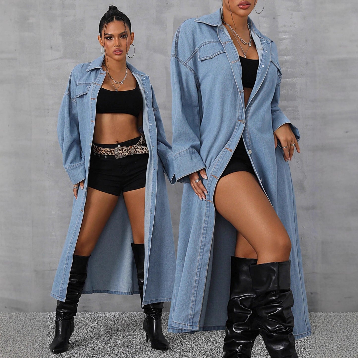 Damen Oversized Denimjacke Maxi mit Druckknöpfen und Taschen Blau - Eveloria
