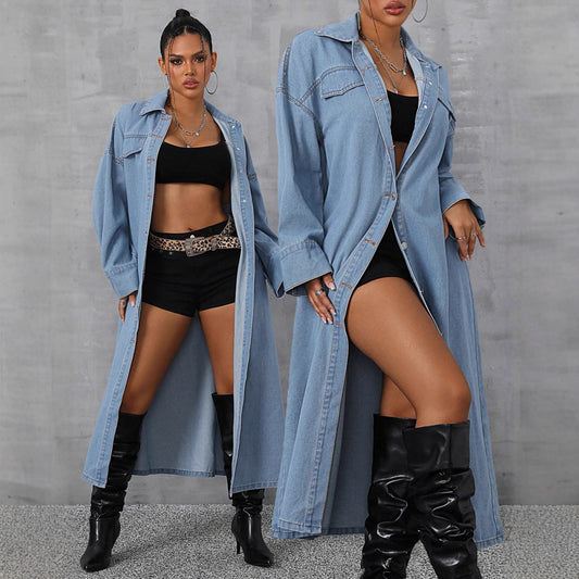 Damen Oversized Denimjacke Maxi mit Druckknöpfen und Taschen Blau - Eveloria