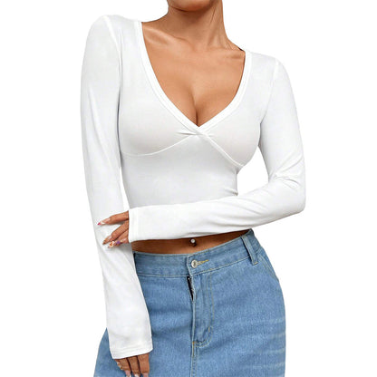 Damen Crop- Kurzärmelig V-Ausschnitt Wickel-Design Elegant