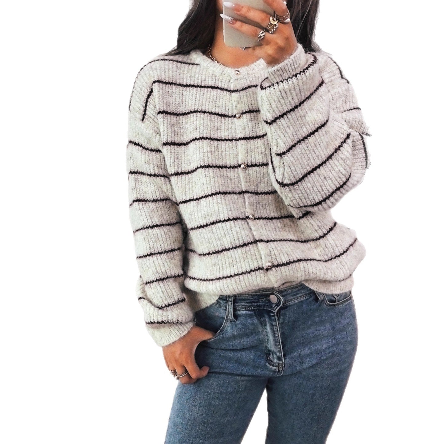 Damen Strickcardigan mit Knöpfen Streifenmuster Beige
