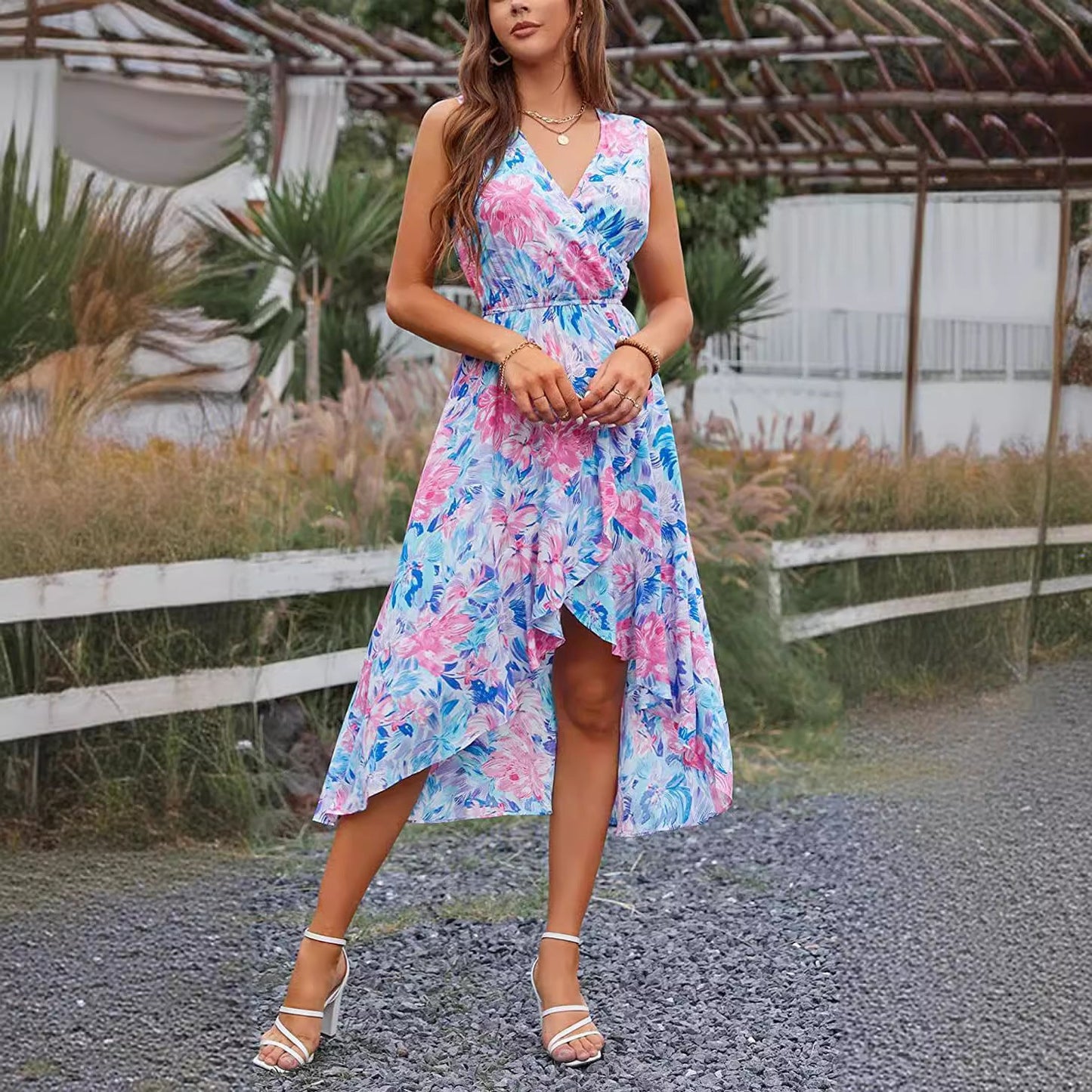 Damen Maxikleid Floralmuster Schwingender Saum Eveloria