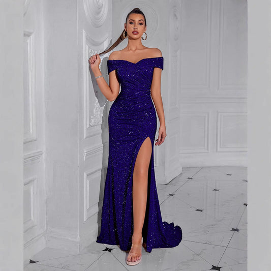 Damen Abendkleid Schulterfrei Pailletten Elegant Schwarz - Eveloria