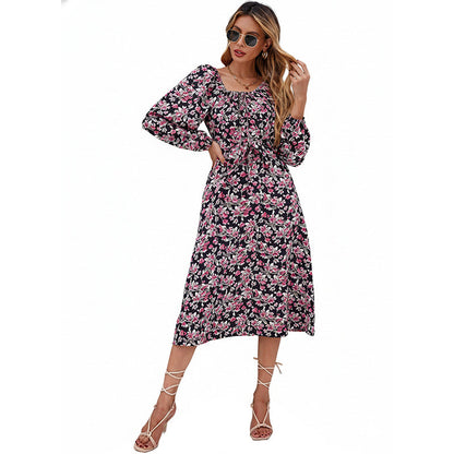 Damen Midikleid Puffärmel Floralmuster