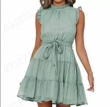 Damen Halbarmkleid Rüschendetails Taillenknoten Eveloria
