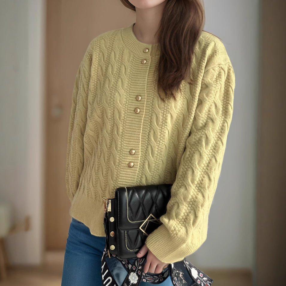 Damen Strickjacke Zopfmuster Perlenknöpfe Eveloria