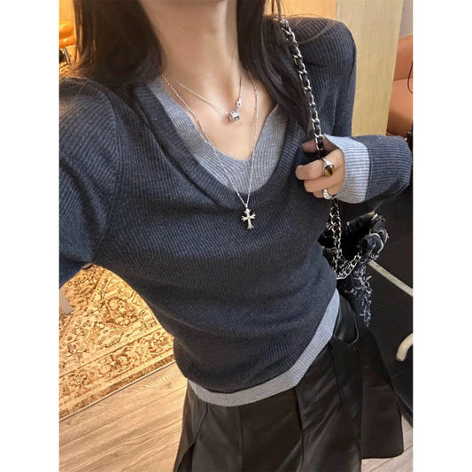 Damen Feinstrickpullover V-Ausschnitt Kontrastbündchen - Eveloria