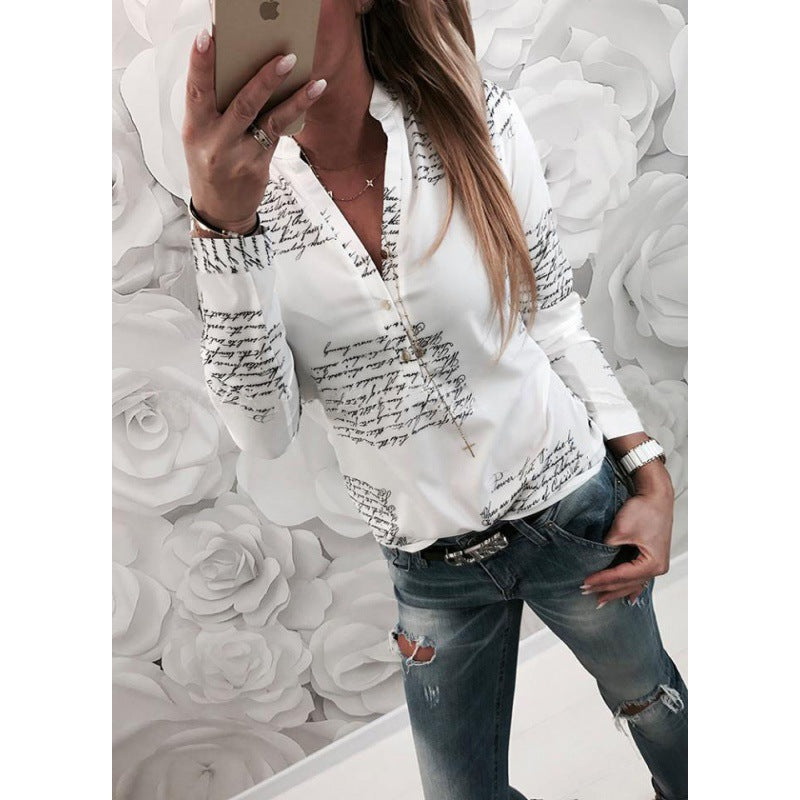Damen Bluse Schriftmuster Elegant Baumwolle Weiß