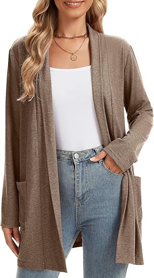 Damen Langarm-Cardigan Offene Front Taschen Beige