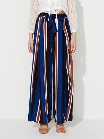 Damen Palazzo-Hose mit Bindegürtel Streifenmuster