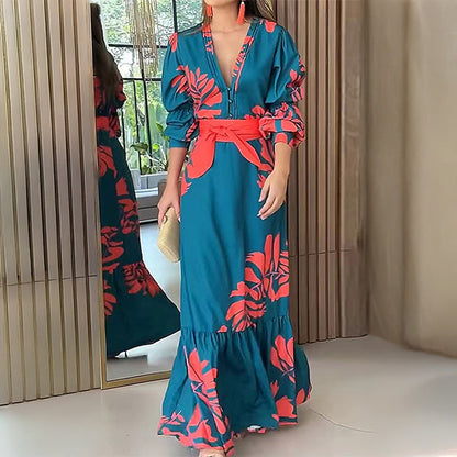 Damen Maxikleid Wickel-Oberteil Puffärmel Elegant