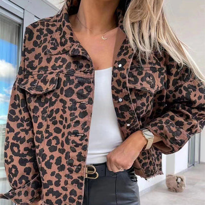 Damen Leoparden-Jeansjacke Oversized Französische Säume Braun - Eveloria