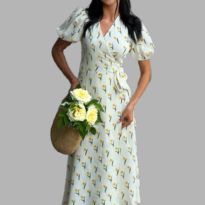 Damen Wickelkleid Voluminöse Puffärmel Floralmuster