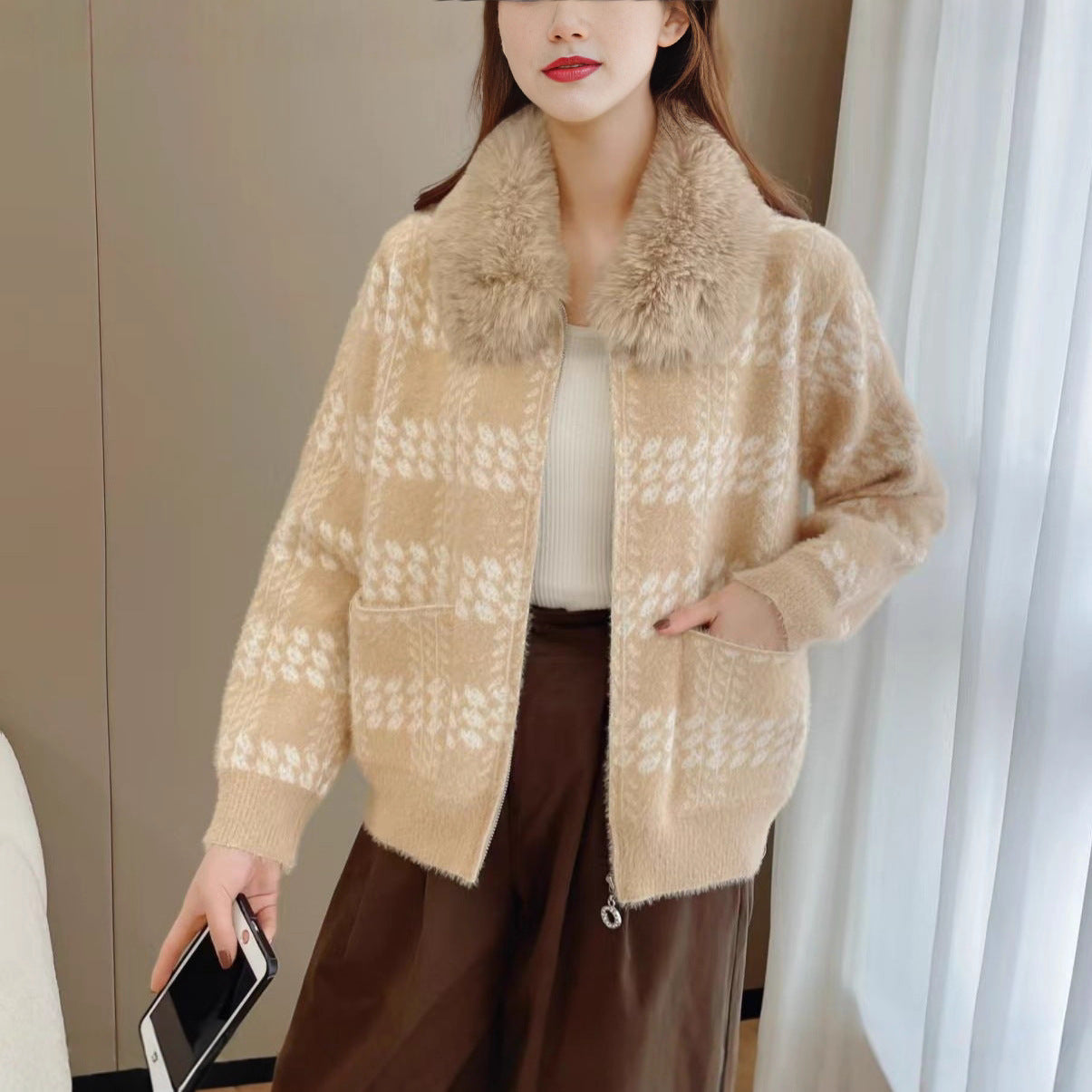 Damen Strickjacke mit Kunstfellkragen Eveloria