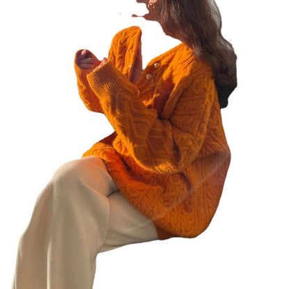 Damen Grobstrickpullover V-Ausschnitt mit Knöpfen