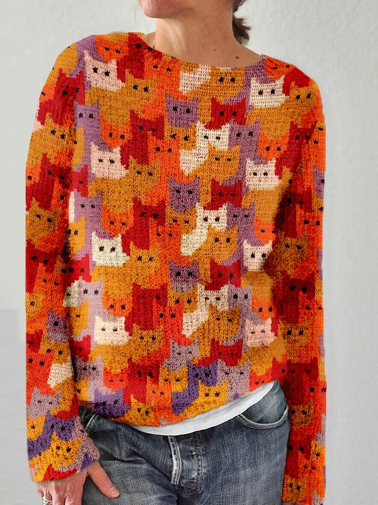 Damen Strickpullover Katzenmuster Eveloria