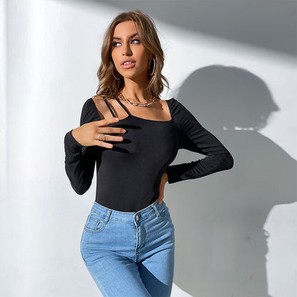 Damen Langarmbody Asymmetrischer Ausschnitt Rüschendetails Eveloria