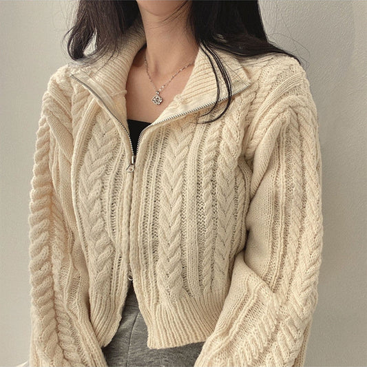 Damen Strickjacke Kabelmuster mit Reißverschluss Grau - Eveloria