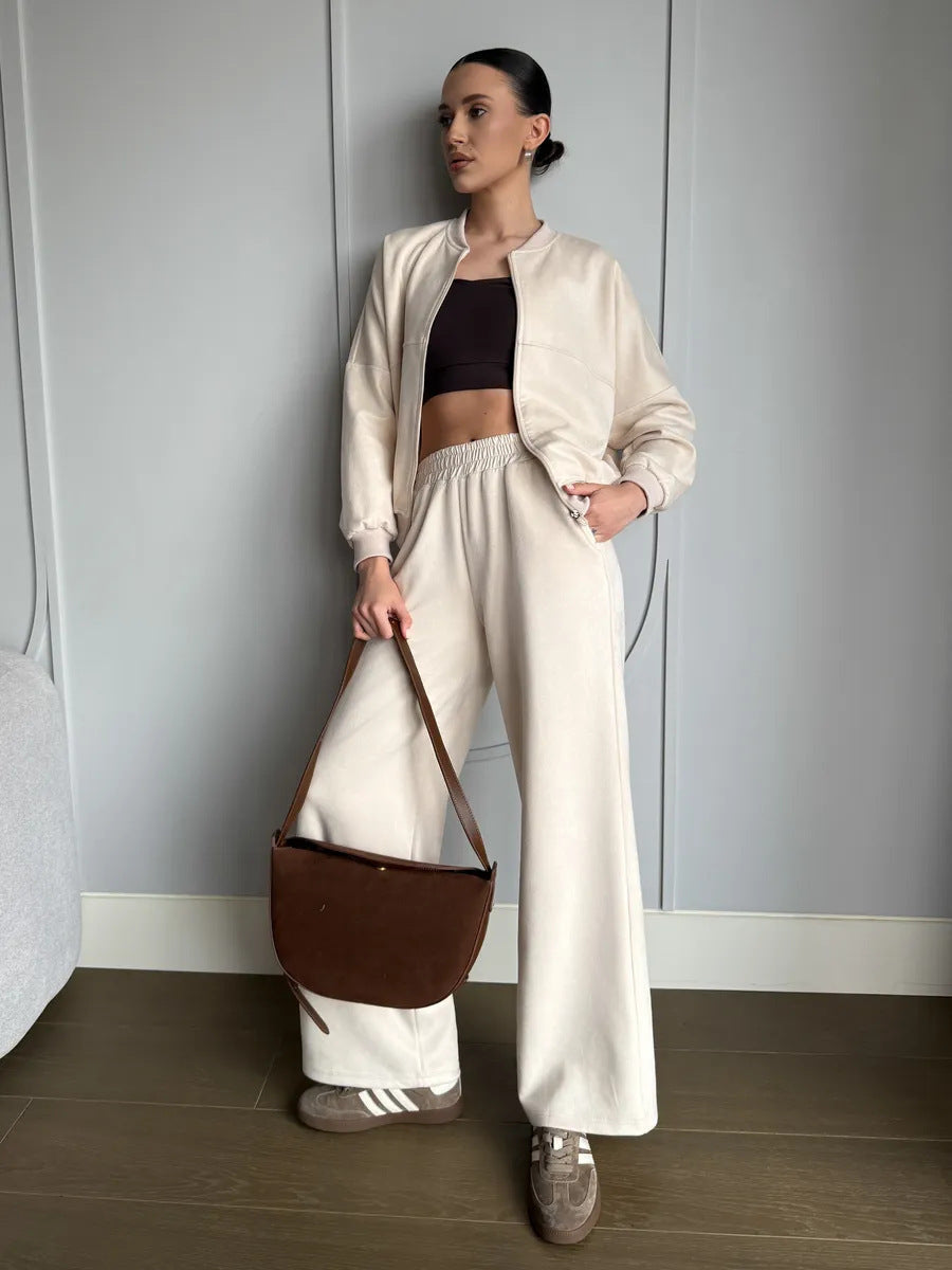 Damen Freizeitanzug-Set Cropped Oberteil Weites Hosenbein