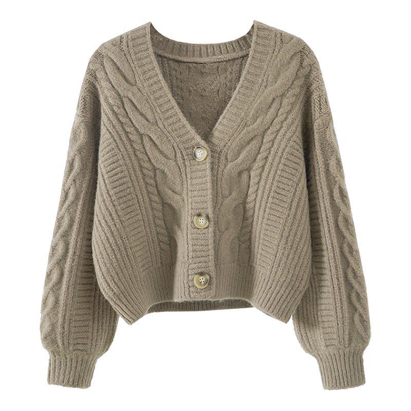 Damen Strickjacke Zopfmuster Extravagante Knöpfe