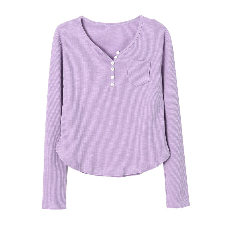 Damen Langarmshirt Rippstruktur Knöpfe Beige