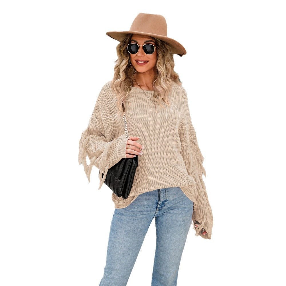 Damen Strickpullover Lässig Fransen Weit Eveloria