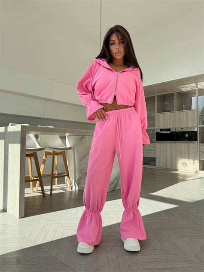 Damen Zwei-Teiler-Set Cropped Kapuzenpullover Weite Hose Eveloria