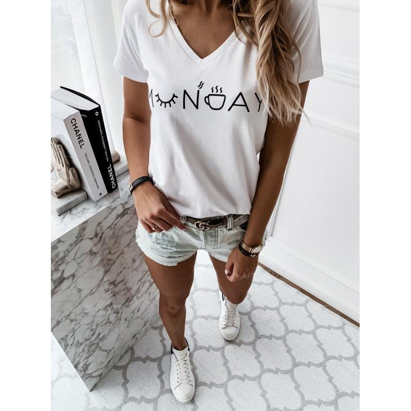 Damen T-Shirt V-Ausschnitt Kreativer Schriftzug Weißenfarben nicht - Eveloria