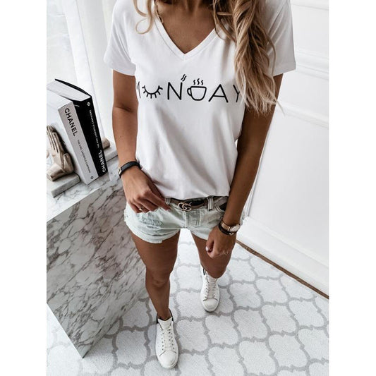 Damen T-Shirt V-Ausschnitt Kreativer Schriftzug Weißenfarben nicht - Eveloria