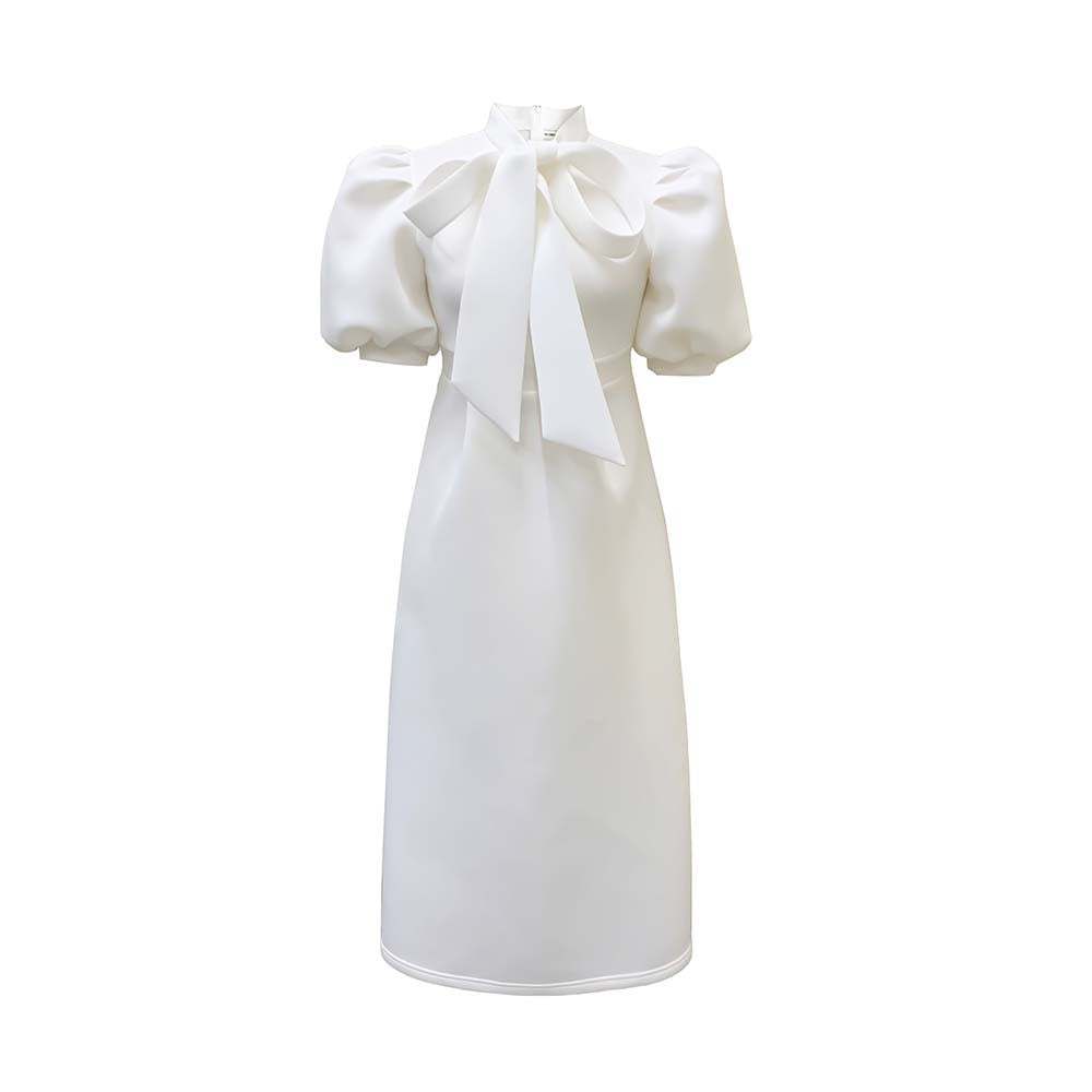 Damen Elegantes Midi-Kleid Puffärmel Bindegürtel Eveloria