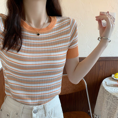 Damen Kurzarmshirt Streifenmuster Elastisch Weiß
