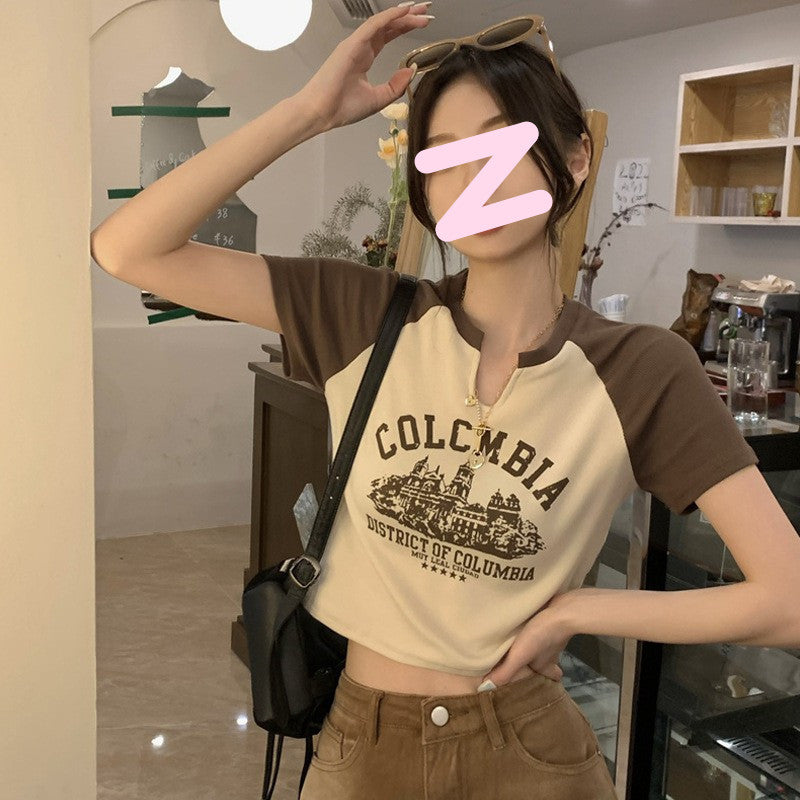 Damen Cropped T-Shirt Retro-Print Baumwolle Bequem