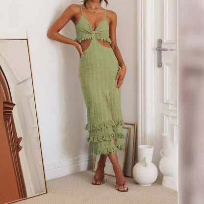 Damen Maxikleid mit Fransen und Schnittdetails Eveloria → Damen