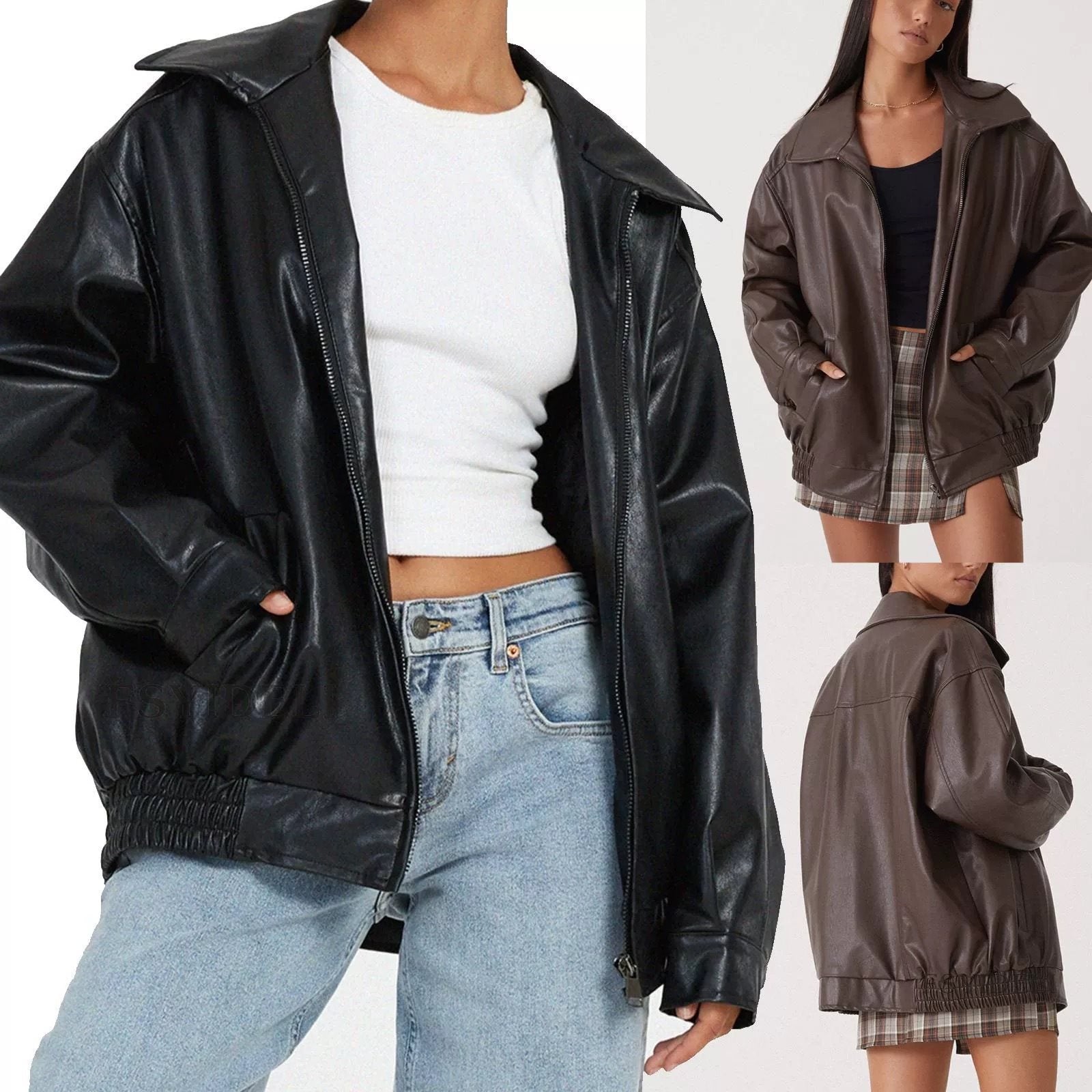 Damen Lederjacke Lässig Großer Kragen Schwarz Eveloria - Eveloria