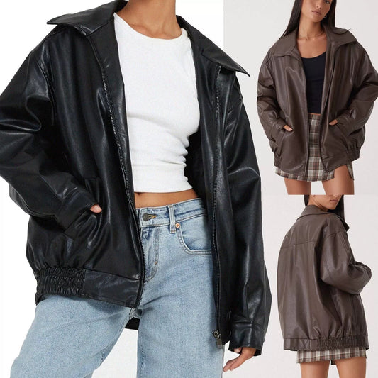 Damen Lederjacke Lässig Großer Kragen Schwarz Eveloria - Eveloria