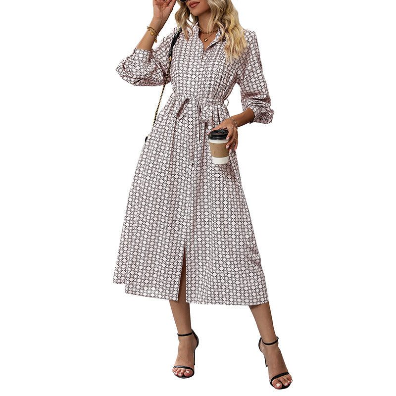Damen Langarm-Hemd-Kleid mit Bindegürtel und Muster