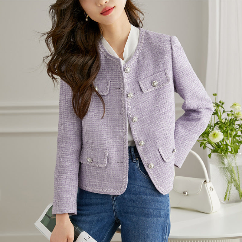 Damen Tweedjacke Perlendetails Elegant Schwarz - Eveloria