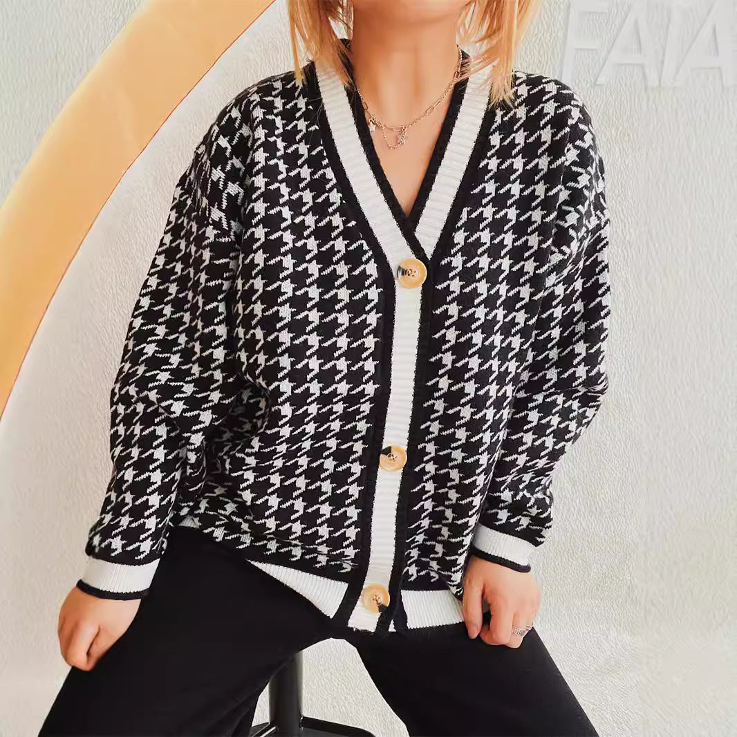 Damen Strickjacke Hahnentrittmuster Dekorative Knöpfe Eveloria