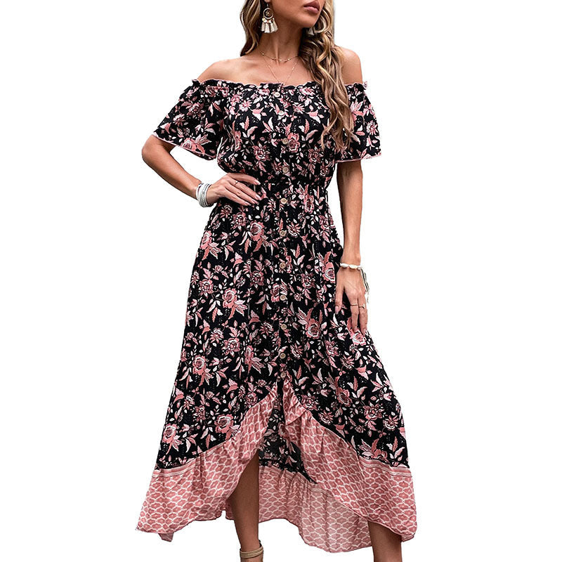 Damen Off-Shoulder Maxikleid Floralmuster Hochschlitz