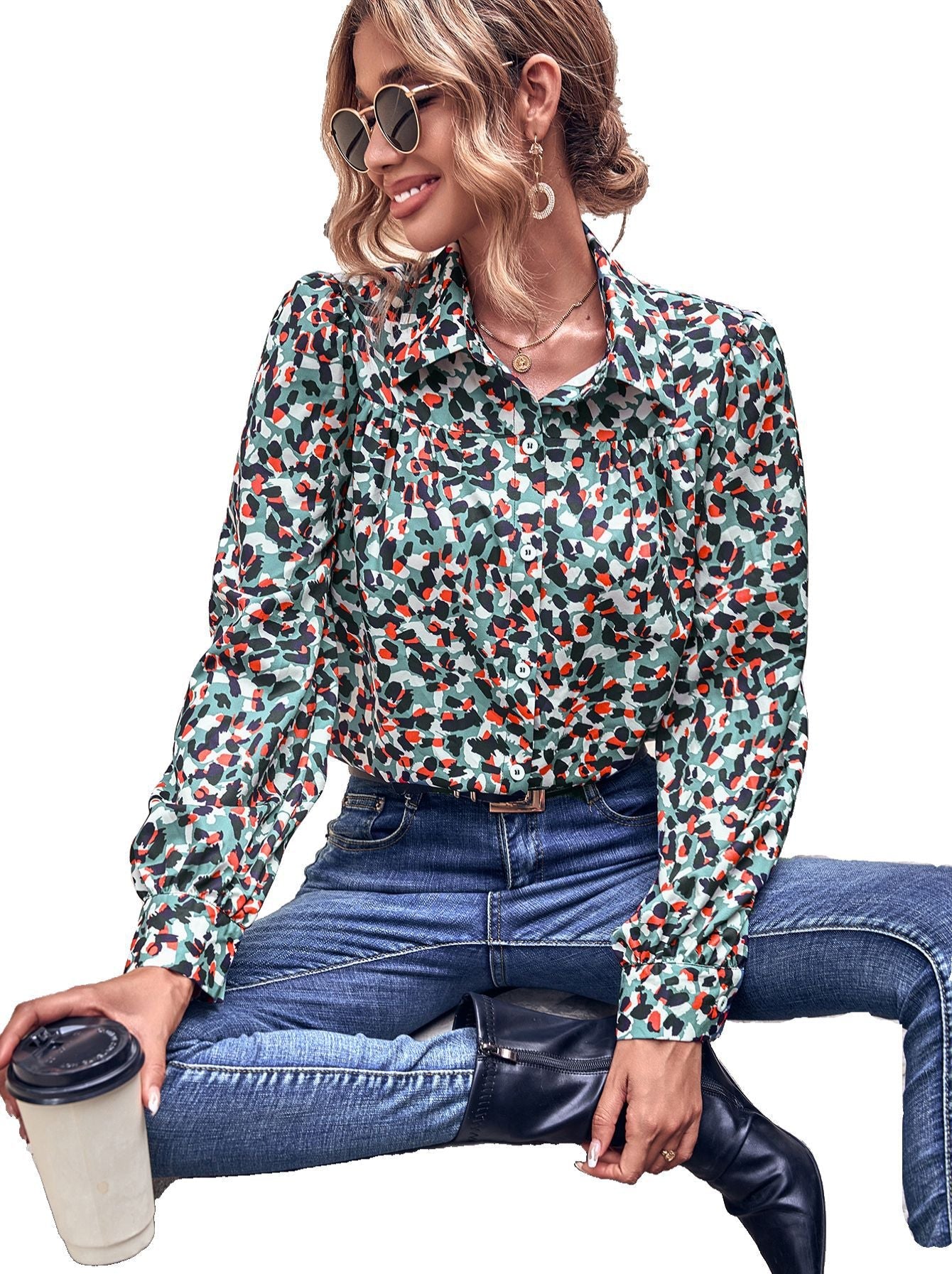 Damen Bluse Floralmuster Puffärmel