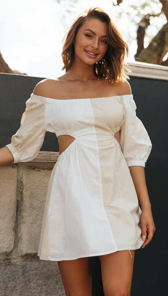 Damen Minikleid Off-Shoulder Cut-Outs Puffärmel