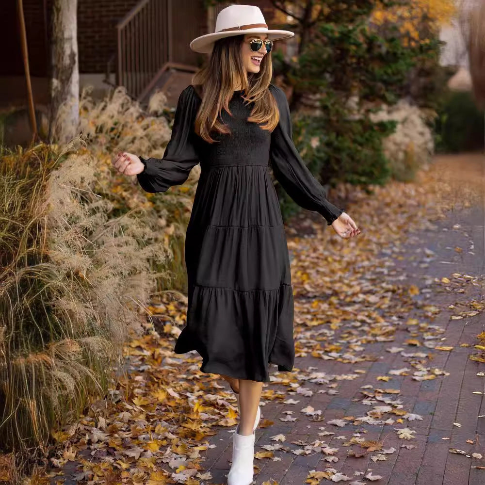 Damen Langarmkleid Raffung Volantdetail Eveloria