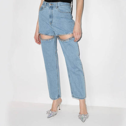 Damen Destroyed Jeans mit Applikationen Glitzer Effekt Eveloria