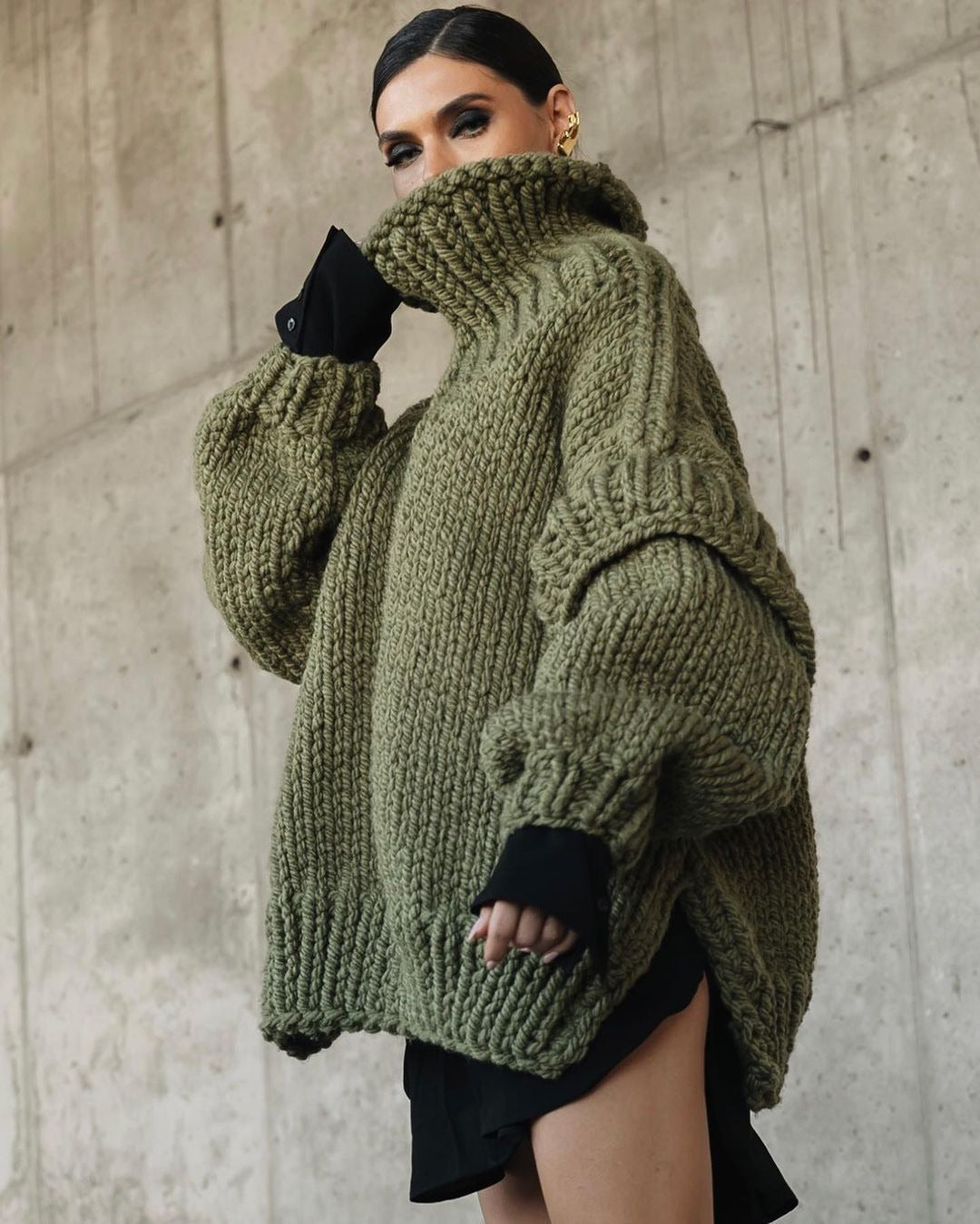 Damen Oversized Strickpullover Grobgestrickt Rollkragen Gerippte Ärmel